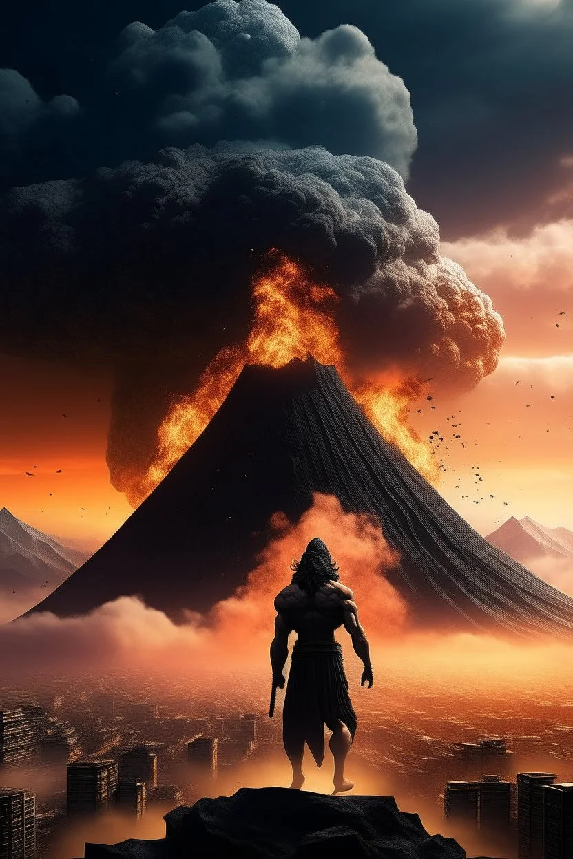 A volcano exploding over a big City, a shadowy transparent figure appears in the sky