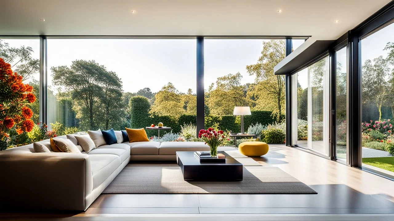 Beautiful modern luxurious minimal domestic living room, floor-to-ceiling windows look out onto attractive flower gardens and trees. Room is light, comfortable, peaceful, welcoming and tasteful. The home was winner of a national architecture award.