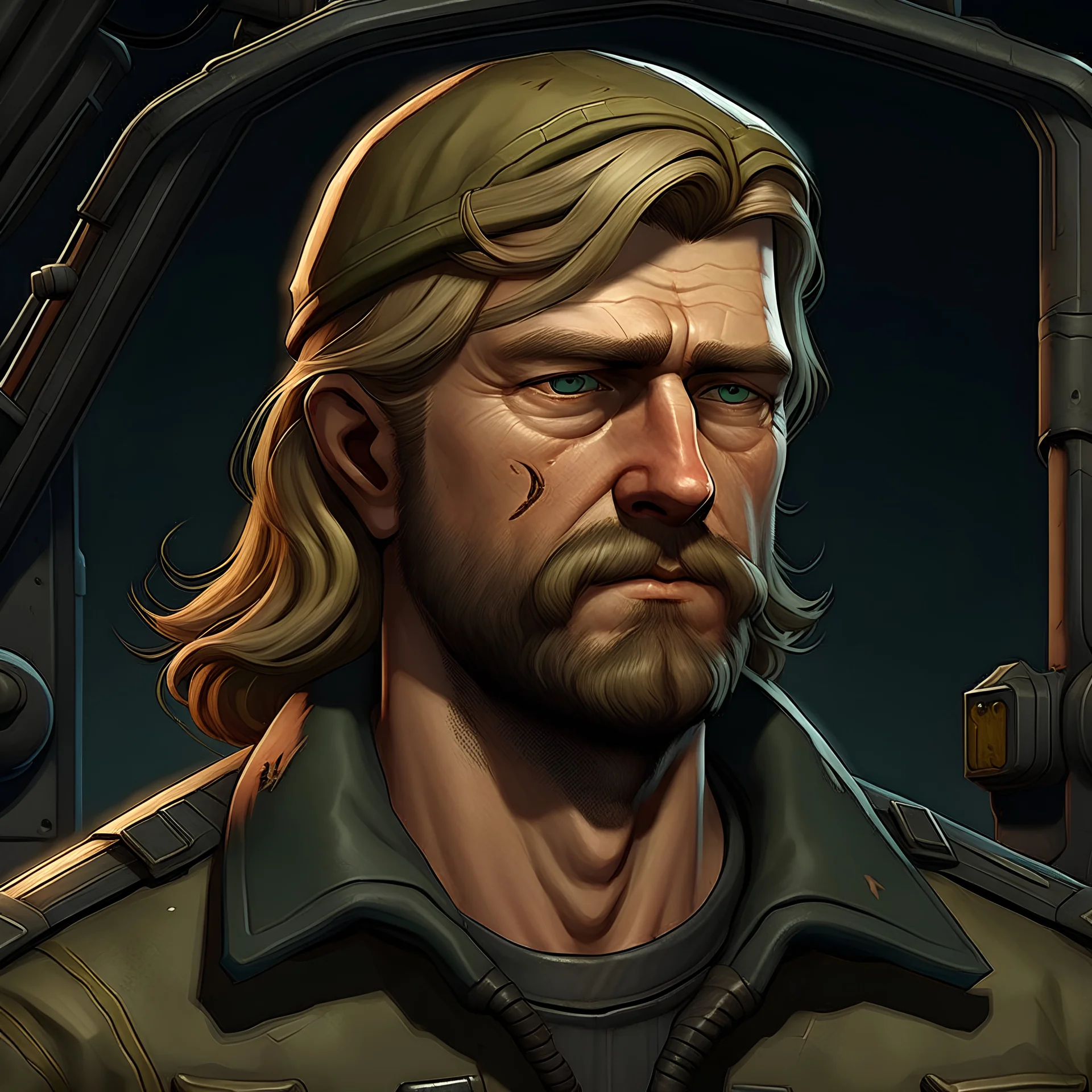 The submarine mechanic Blicke Blocknyckel, a blonde man with a mullet and muttonchops beard realistic grimdark