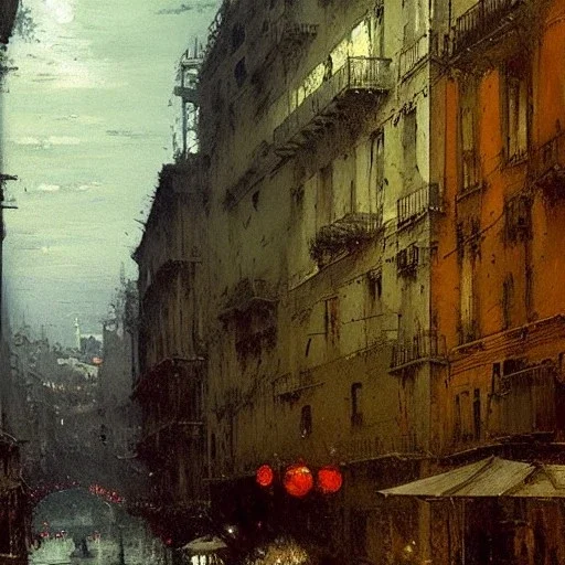 Genoa , by Jeremy mann, point perspective,intricate detailed, strong lines, John atkinson Grimshaw,