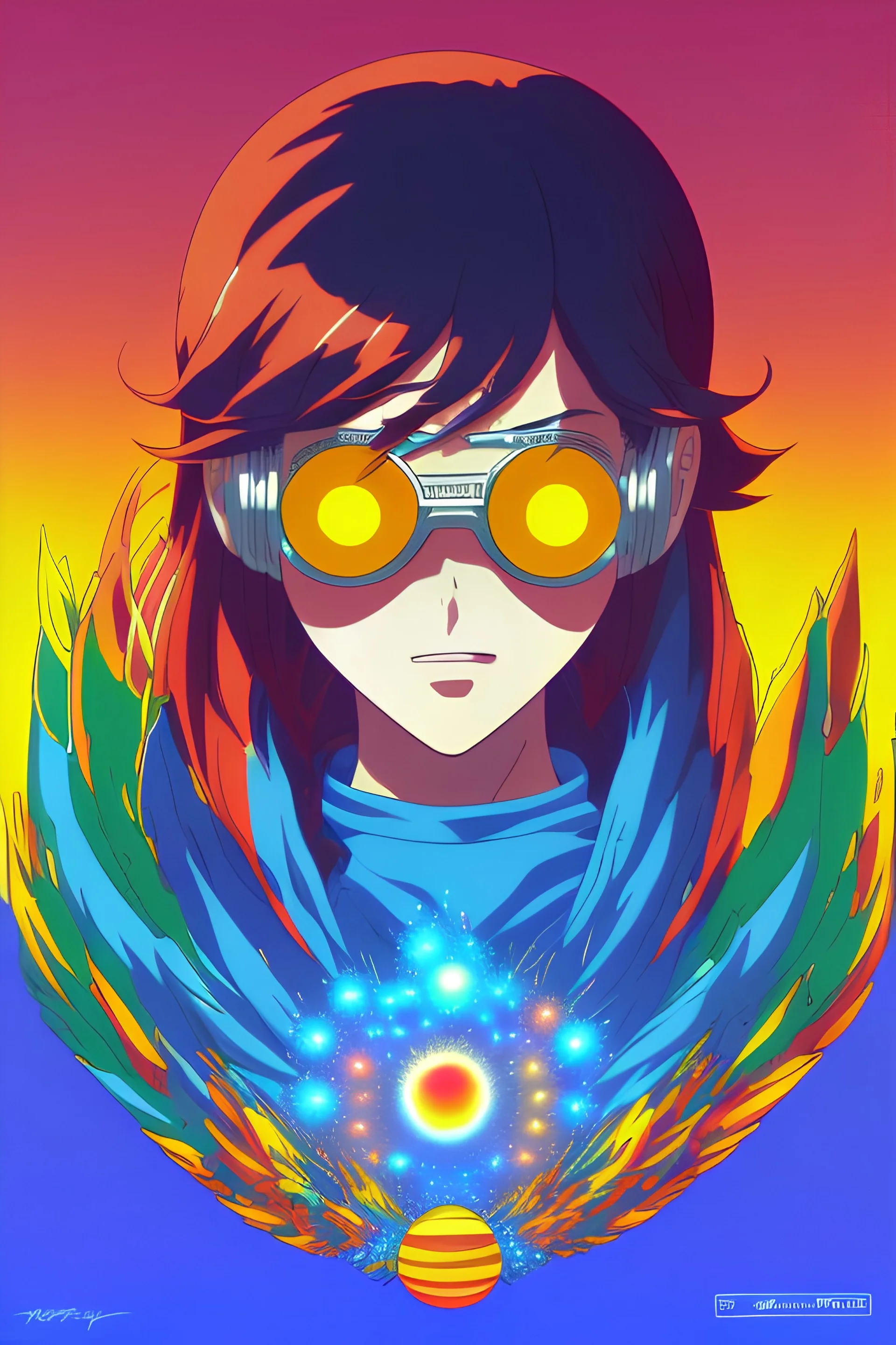 Dark background, nighttime, dark lighting, minimalist shading and depth detail, anime style, Studio Ghibli style, cel shading, sci-fi artwork by Moebius, nighttime blue highlights, extremely smooth blending, blue indigo violet red orange yellow green; AN ORANGE scientist Dark Zendaya girl with a bob, detailed face, yellow eyes, dense colorful cave ecosystem, sense of depth, little ALIEN reptile hybrid pet, spiked germs monster creatures, pollen particles, glitter pop detailing in the air