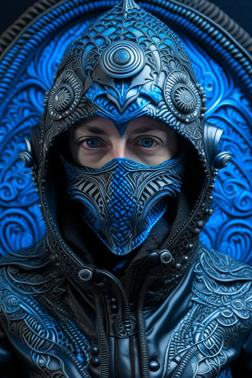 An alien wearing silver biomechanics black metallic filigree floral face masque, ribbed with bioluminescense blue zafír biomechanical silver metallic diadem headress, wearing biomechanical amalgamation style leather jacket dress ribbed with silver floral metallic filigree biomechanical vantablack pattern, organic bio spinal ribbed detail of gothic winter backround extremely detailed maximalist hyperrealistic portrait art