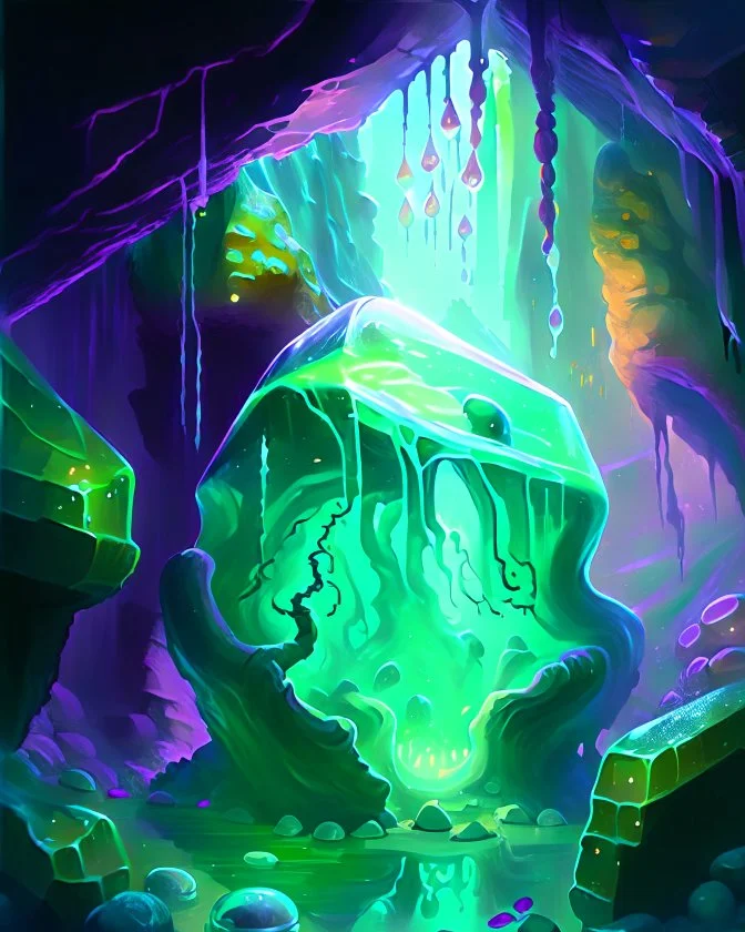 a slimy gelatinous cube in vast cavern room painterly