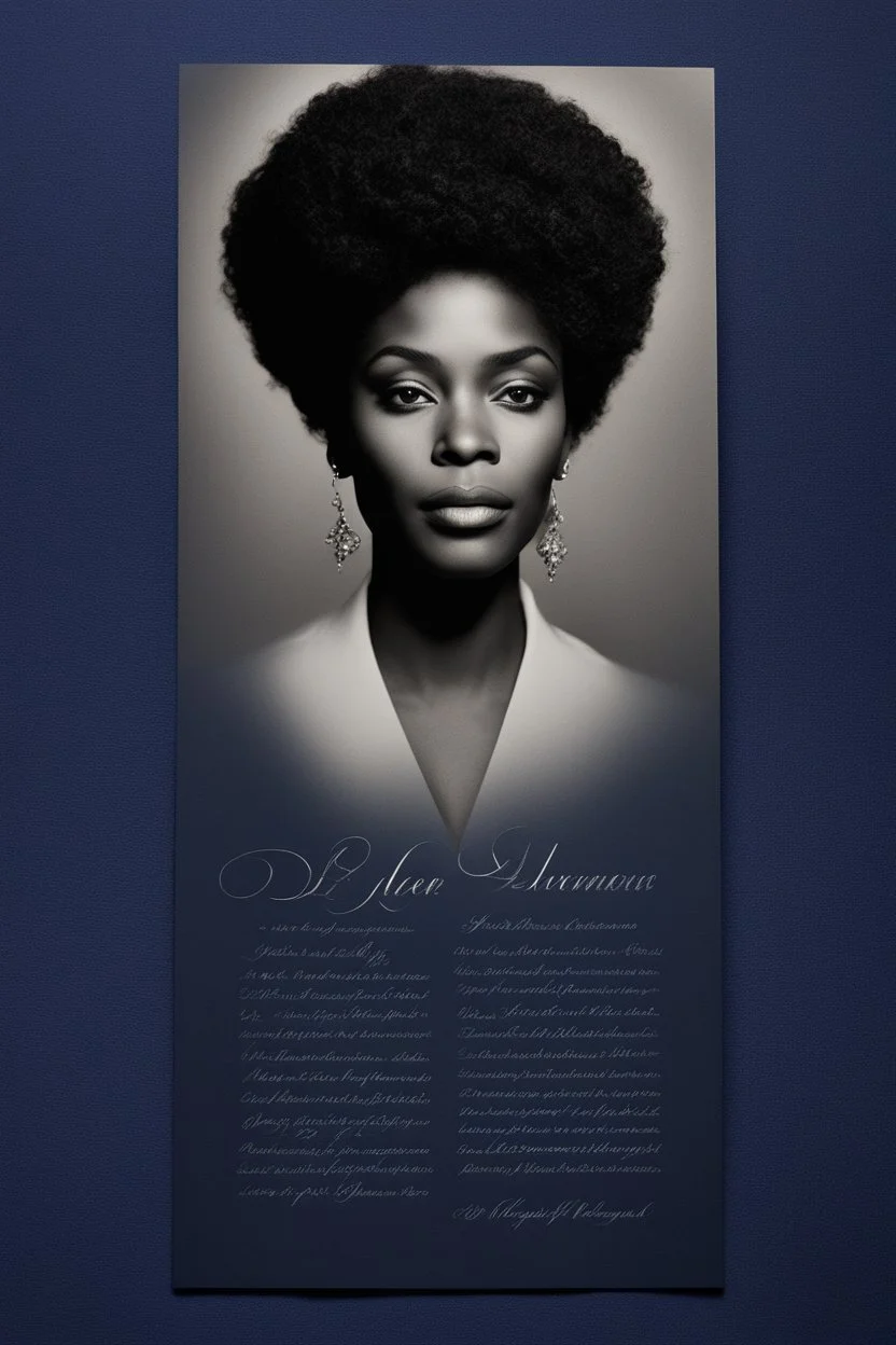 An extremely formal, funeral program written in French for a black woman (include a front photograph of a beautiful lightly tanned biracial black woman) on darkest blue deeply pigmented velvet paper with brilliant, brightest heavy bright shining platinum calligraphy fonts, simple, minimalistic, less element, very dramatic lighting