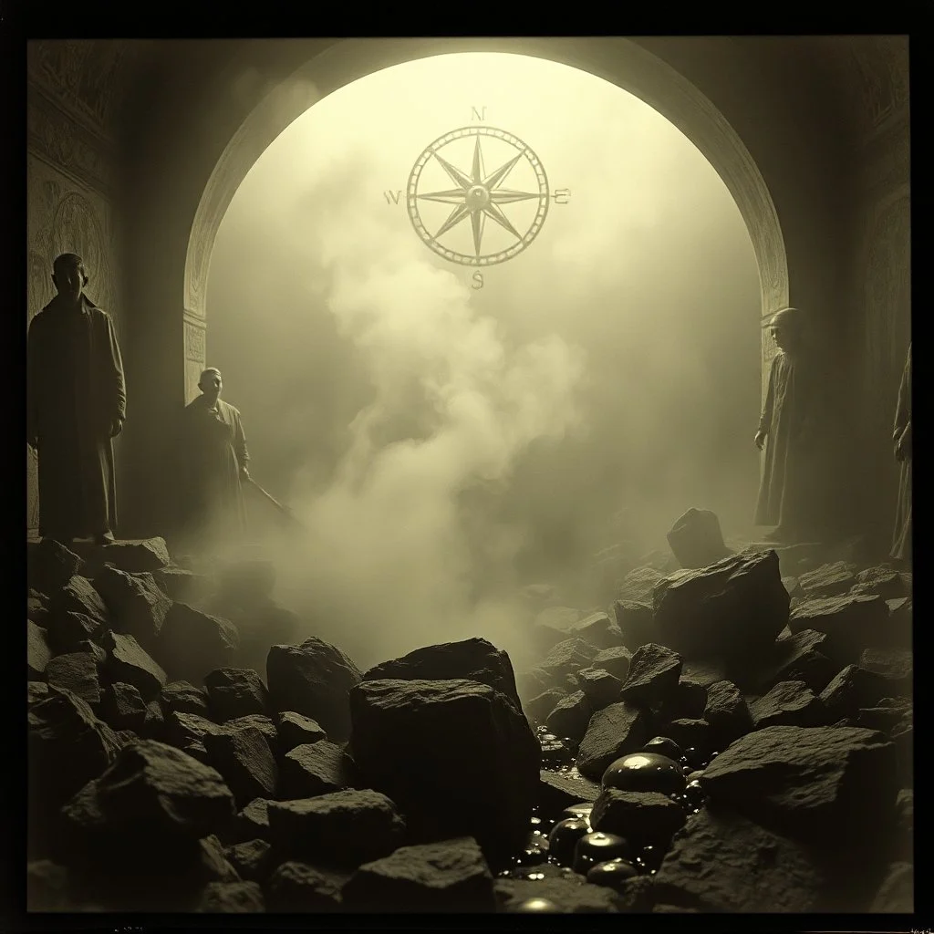 photo, 1920 horror movieshot, rocks, very odd objects in background, Ades, Charon, tenebroso, macabro, marcio, interno museo, fiotti di liquido nero che zampillano, hypermaximalist, strangeness, sundial light, odd, intricate, Lawrence Alma-Tadema style, albero, hypnotic, eerily mysterious, artistic photo, shot on Hasselblad, sadness, follia, smoke, daguerrotype