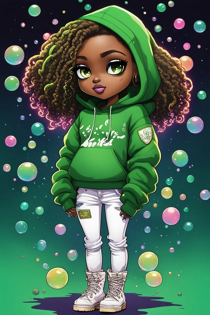 Create an colorful psychedelic comic book illustration of a chibi cartoon black female thick curvy wearing a cut of green hoodie and white jeans and timberland boots. Prominent make up with long lashes and hazel eyes. Highly detailed shiny sister locs. Background of a large bubbles all around her