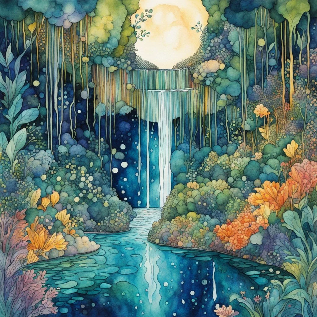 random watercolor Zentangle patterns in the styles of Gustav Klimt ,Wassily Kandinsky, Alphonse Mucha, and Kay Nielsen that depicts a lush cenote grotto in the Yucatan , its waters shimmer in the soft moonlight, with fine ink outlining