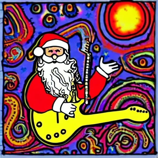 WOODSTOCK, hippie Santa playing electric guitar, psychedelic, peace sign, MUSHROOMS, TRIPPY, ACID, LSD, dreadlocks