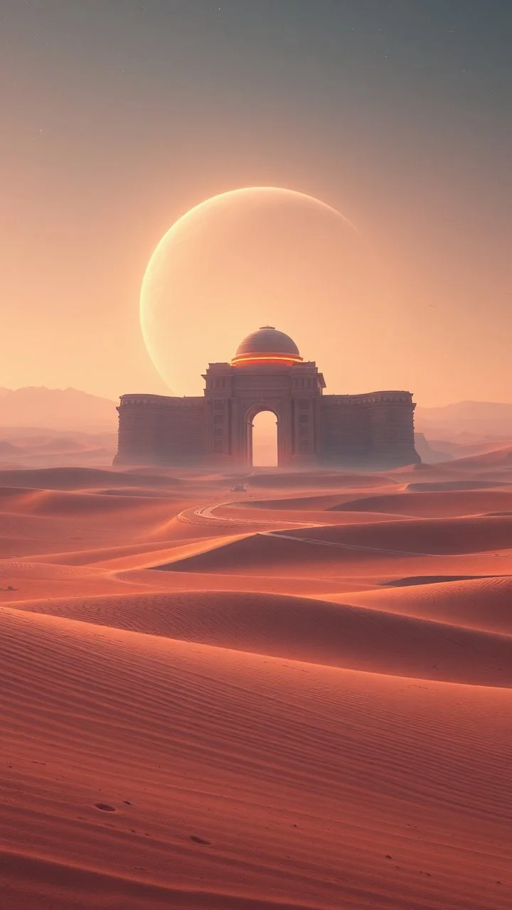 realistic photo of a landscape covered in sands that looks futuristic with futuristic lighting, ancient building in the middle