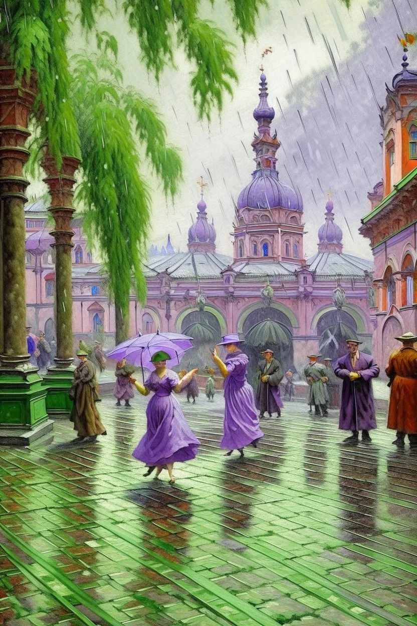 The time is 1943. The old Moscow courtyard of the early 20th century in the style of the Stalinist world, with a lilac branch in the foreground, it is raining lightly and raindrops are flowing down a lush lilac branch. In the back there is a middle-aged Couple dancing a classical dance together against the backdrop of the Moscow Bolshoi Theater. The image is of extra quality and sharpness