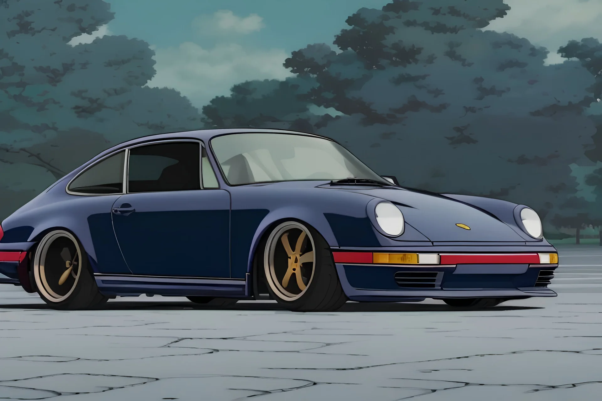 a dark Porsche carrera 964, wide-body, pandem, rocket bunny, carbon fibre, drift car, jdm wheels and rims, ultra realistic,concept art,in tokyo