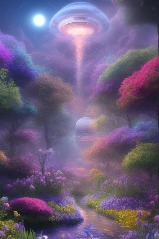 digital illustration, a world full of life divine thrill of biological tranquil sky, flowers, bright color splashes, high detailed 8 k,ufo rainbow