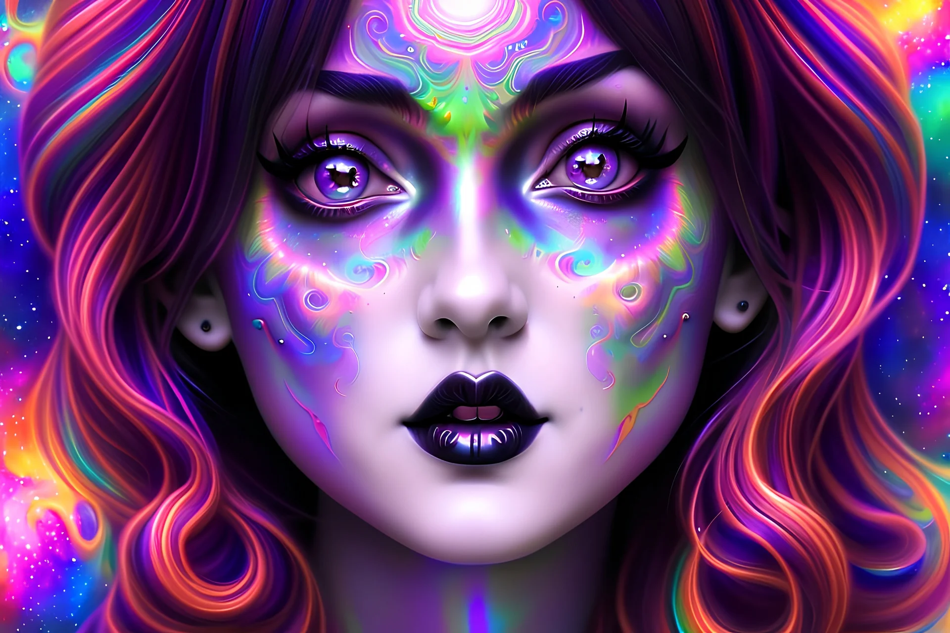 Beautiful goth girl in a photorealistic portrait style in front of a swirling psychedelic cosmic galaxy background with multicolor lights and swirls