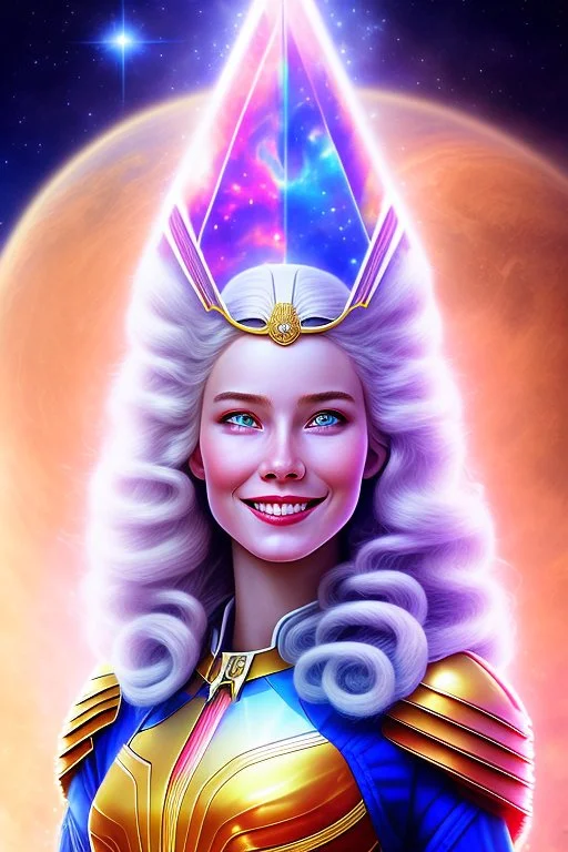 young cosmic woman smile, admiral from the future, one fine whole face, large cosmic forehead, crystalline skin, expressive blue eyes, blue hair, smiling lips, very nice smile, costume pleiadian,rainbow ufo Beautiful tall woman Galactic commander, ship, perfect datailed golden galactic suit, high rank, long hair, hand whit five perfect detailed finger, amazing big blue eyes, smilling mouth, high drfinition lips, cosmic happiness, bright colors, blue, pink, gold, jewels, realistic