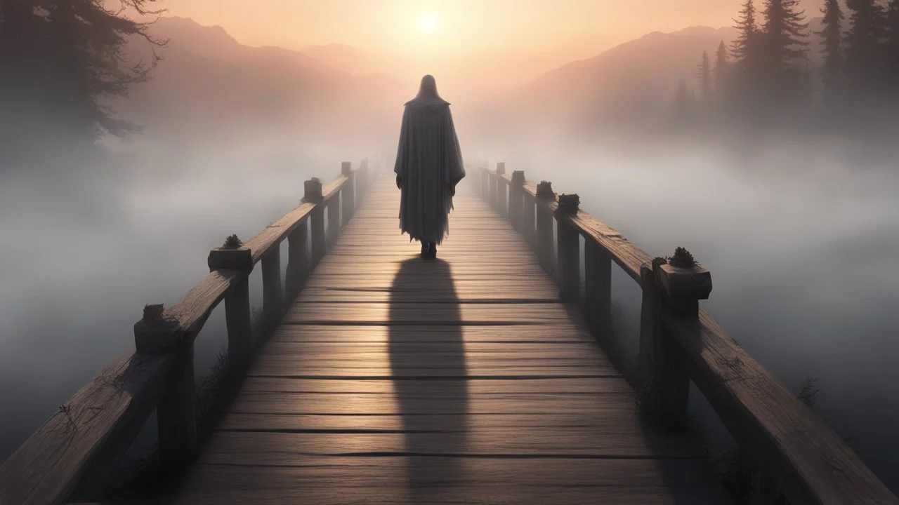 walking straight ahead over a wooden bridge, holding the angel of death with your right hand, entering the fog at the end of the road that leads to the afterlife, a stream from the mountains flows from the right and left, and a beautiful sunset behind the fog, realistic