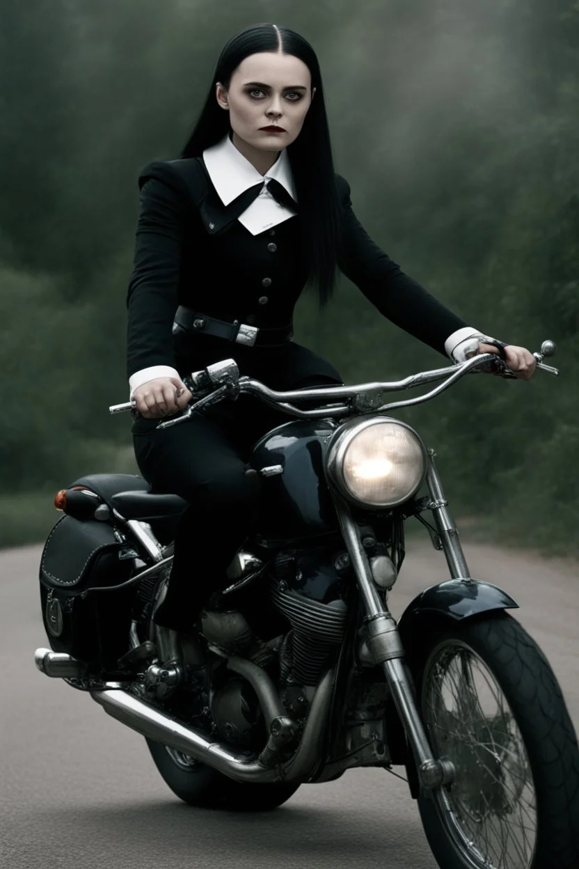 Wednesday Addams on a motorcycle