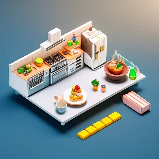 Tiny cute isometric kitchen in a cutaway box, cyberpunk, soft smooth lighting, soft colors, 100mm lens, 3d blender render