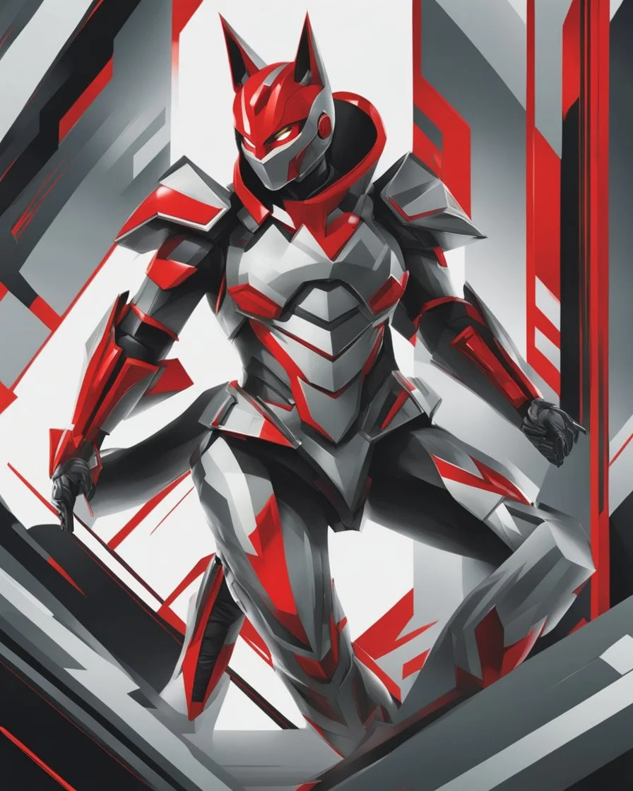 (((Full body))). Digital illustration of futuristic character with armor, dynamic. Elegant metallic suit adorned with sharp angular lines, silver colors, black details, red stripe on the chest. Helmet with pointed cat design, cat ears, bright red cat eyes, exuding menacing presence. Stylized, abstract artwork, sketch-like quality, vibrant colors emphasize intricate details of the armor