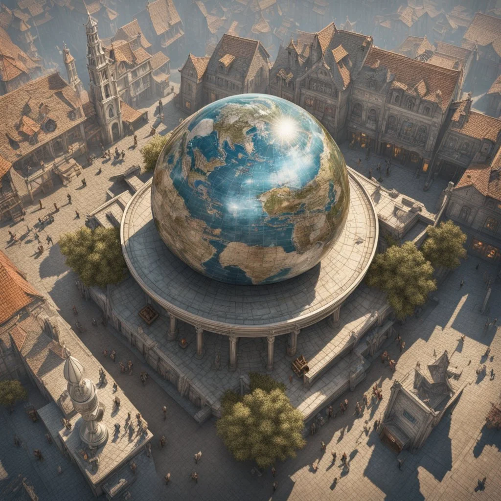 long shot top down perspective, a large surreal glass globe in a medieval town square contains a complete alternate fantastical universe, alternate reality, hypersurrealism, by George Grie, by Grant Yun, hyperreal, intricate details, smooth, Unreal Engine 5, volumetric lighting, magical realism, aetherpunk.