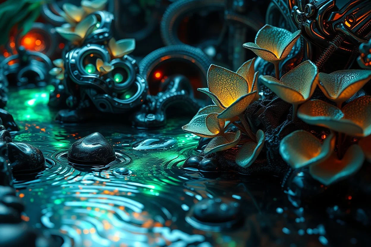 Macro photography of a sci-fi ecosystem. Close-up of metallic recursive architectural elements merging with organic bioluminescent plant life. The water in the nearby stream shows impossible fractal ripples and metallic sheen. Intricate procedural patterns, high-tech nature, hard-surface modeling aesthetics mixed with soft organic curves, subsurface scattering on petals, high-gloss metallic reflections, 4k, Octane Render style.