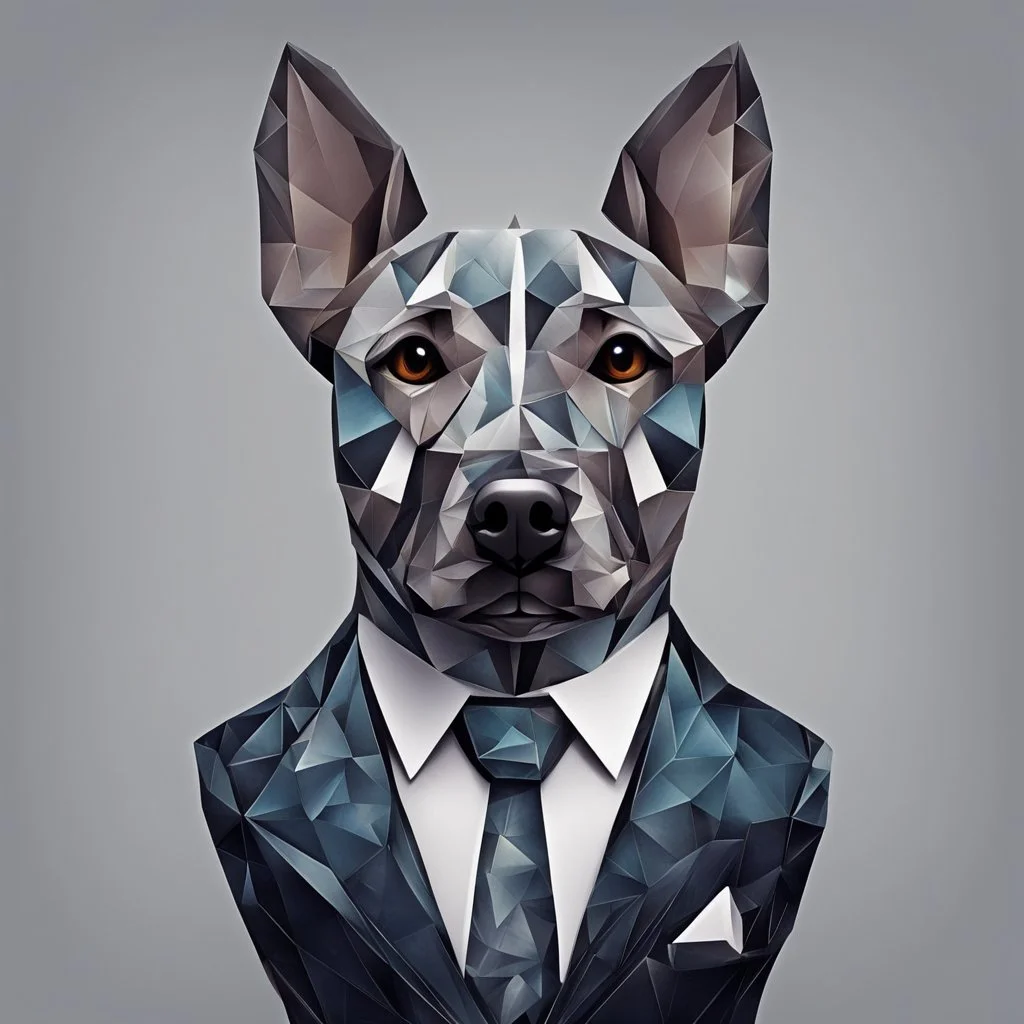 make one realistic business dog that is made of shapes and has a suit on looks a little like crystals