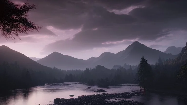 Cloudy dark sky, Distant epic mountains, river, rocks, trees