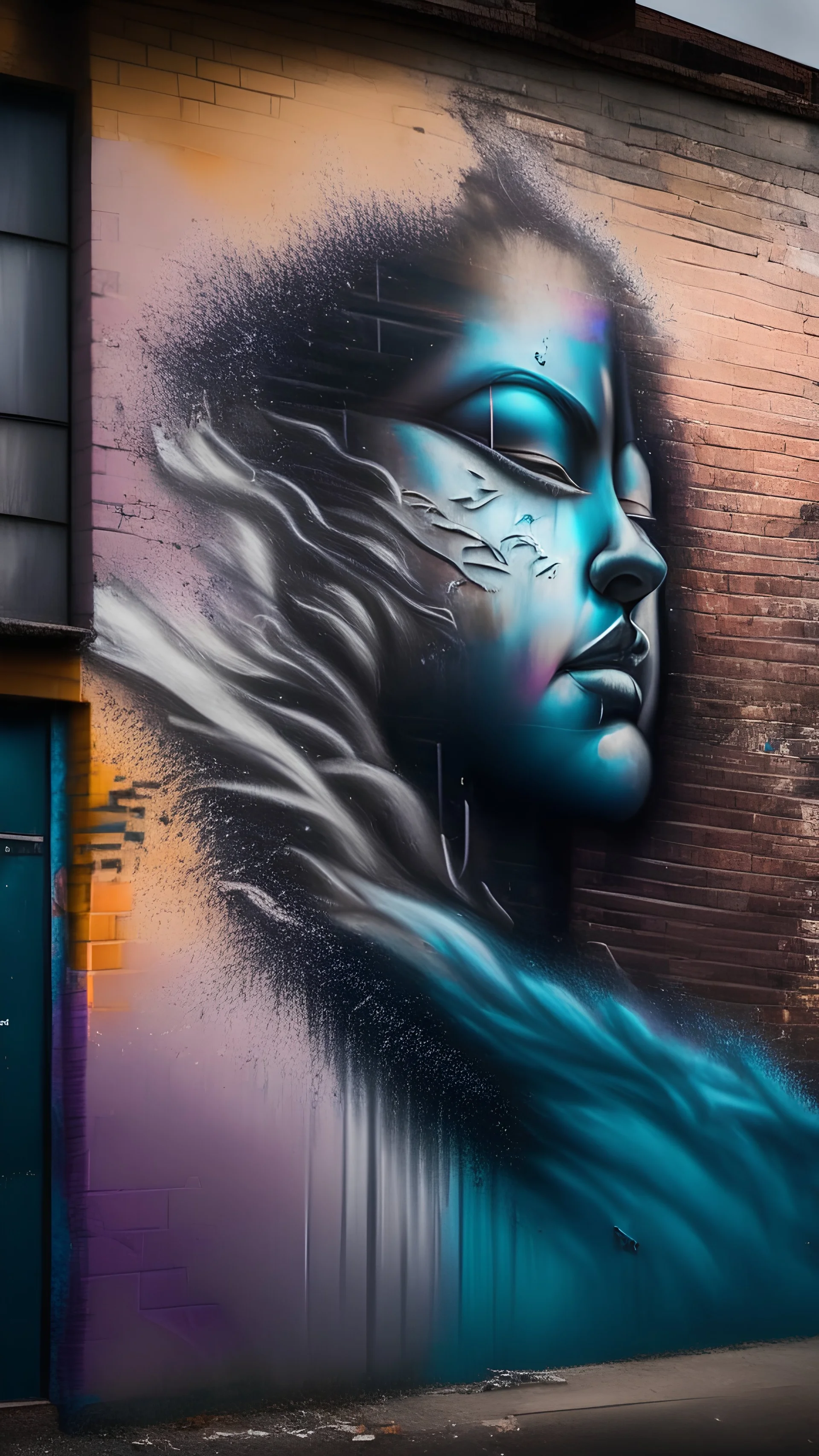 A street wall with beautiful spray art from front angle, realistic, photography, cinematic,4k