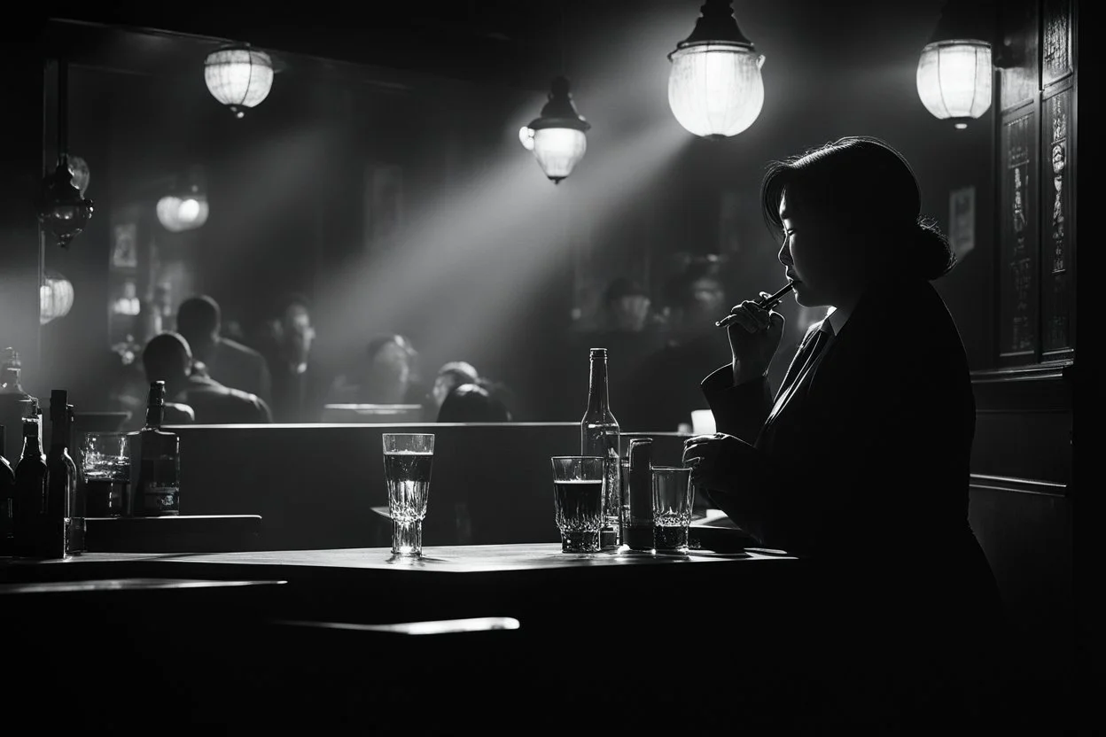 black and white picture of Theresa Hak Kyung Cha, a solitary figure in the shadows and the fumes of the jazz bar, the scene unfolds before you like a carefully crafted tableau. The air is thick with the mingling scents of tobacco and aged whiskey, accompanied by the rhythmic clinking of glasses and the soft murmur of conversation. The dim lighting casts long shadows across the room, lending an air of mystery to the space.