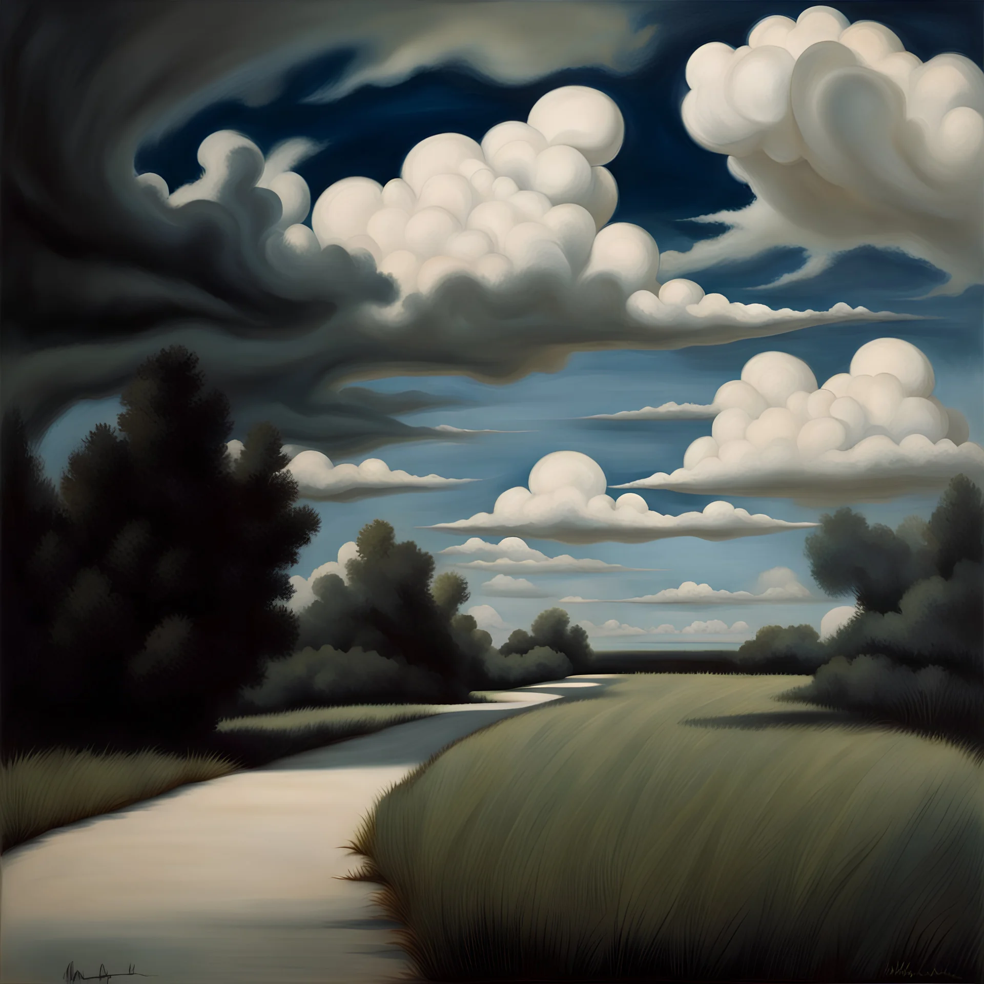 Landscape with nonsense forms, sharp focus, white, blue, shadows, creepy, photorealism, clouds, sky