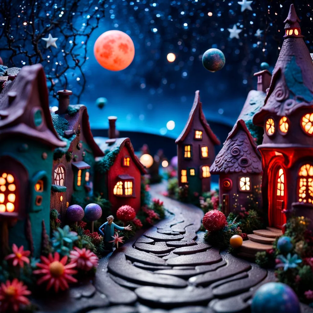 Detailed people, creepy street made of modeling clay, naïve, kh7, village, stars and planets, splimapys, sun, splops, volumetric light flowers, naïve, Tim Burton, strong texture, sgudyut, orero dream, extreme detail, 2mkl, Max Ernst, decal, rich moody colors, sparkles, Harry Potter, bokeh, odd, sbuc