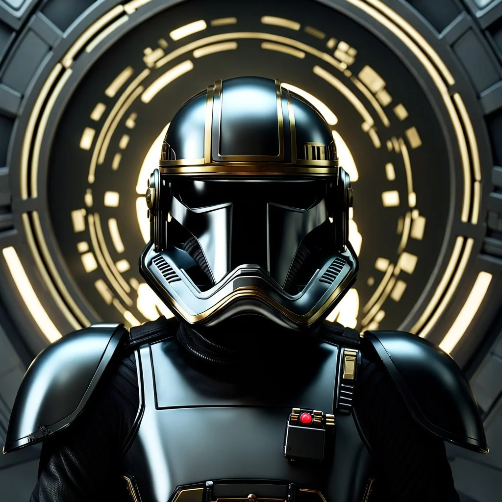 star wars bald male corellian pilot wearing gunmetal grey and black First Order TIE pilot armored flightsuit and helmet with gold trim inside the jedi temple, centered head and shoulders portrait, hyperdetailed, dynamic lighting, hyperdetailed background, 8k resolution, volumetric lighting, light skin, fully symmetric details