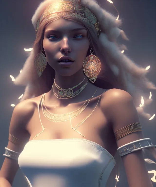 Gipsy, beautiful, curvy body, white fabric dress, beautiful long hair, bandana covering head, long earings, head and shoulders portrait, holding tarot card, 8k resolution concept art portrait by Greg Rutkowski, Unreal Engine 5 volumetric lighting