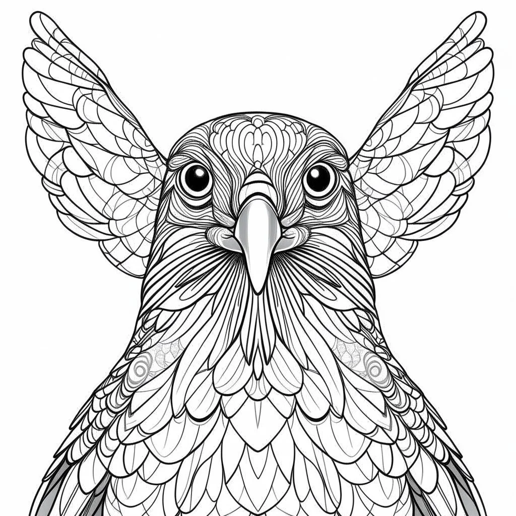 Pigeon, front face view, mandala, minimal lines, cartoon, white back ground color, real style, realistic, minimalistic, minimal black line art, line art, crisp line art, unique coloring sheet, outlined, outline, crisp, crisp line edges, illustration, thin lines, crisp clear lines, line art, clean line art, unique, 8k, amazing, masterpiece, no colors, no dark color, no black color, avoid thick black, minimalistic line edges, pure white back ground, image character full fit to page,