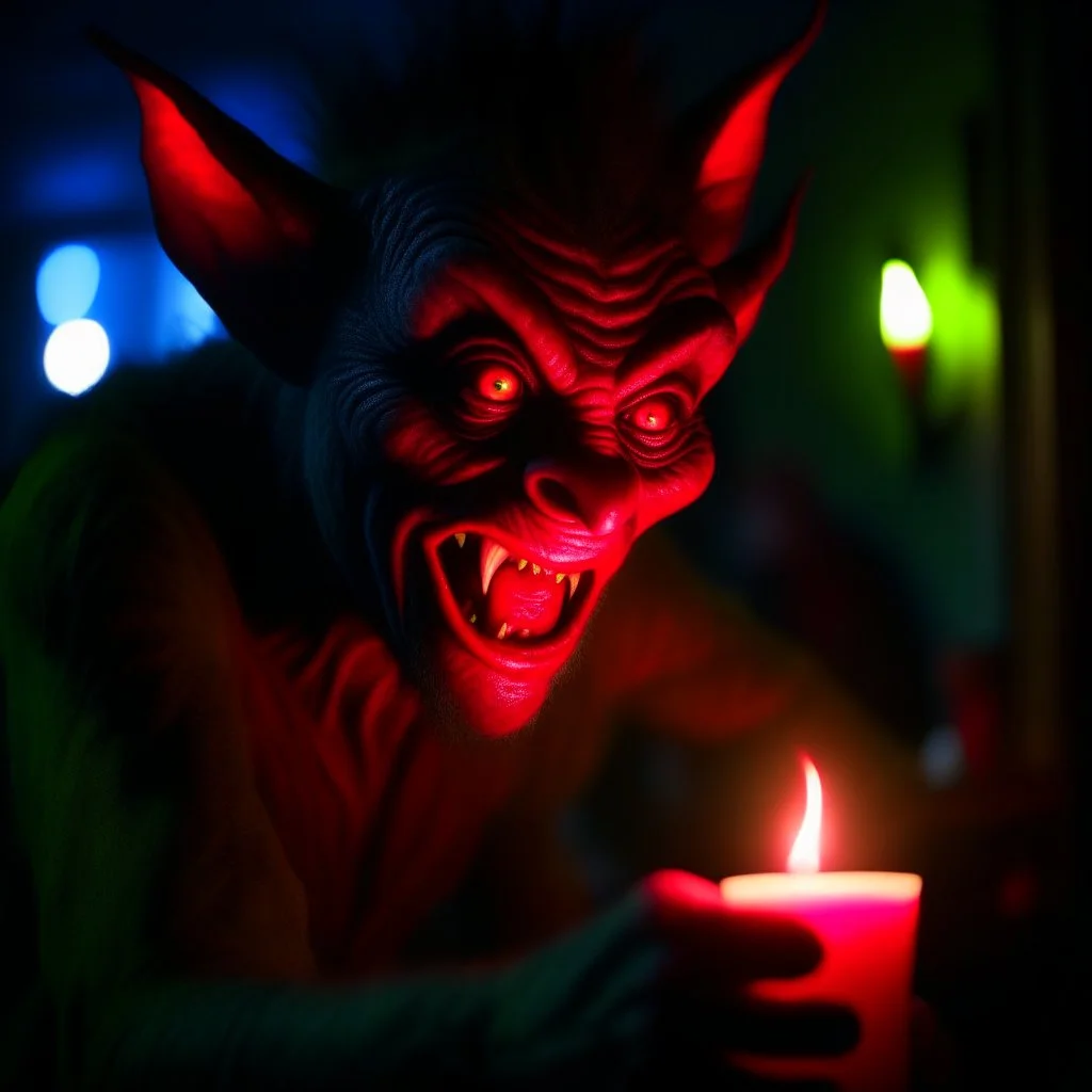 demon from the movie "insidious", wild goblin birthday party on stonebridge background , motion blur, 8k, downlight, soft light, depth of field, photorealism, trending on art station, lotsa detail