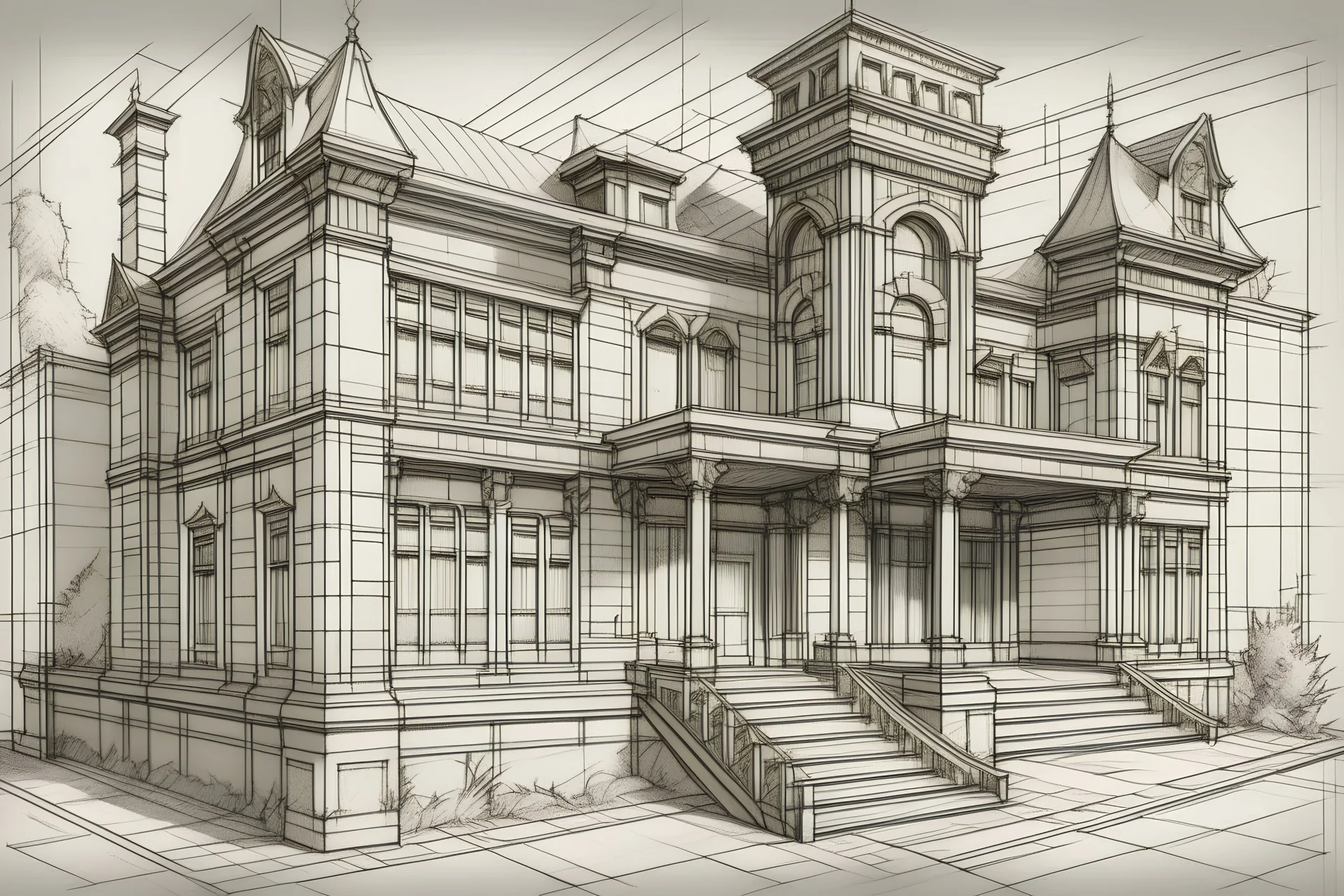 Can you based on the image create an old antique architectural plan sketch from the front of it.
