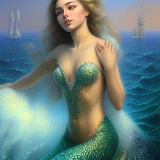 A beautiful portrait of haifa wahbi as a mermaid , leaning on a ships deck ,Rough sea in the background, (digitall art by Eugene de Blaas and Ross Tran, vibrant color scheme, highly detailed, in the style of romanticism, cinematic, artstation best quality, realistic lighting, masterpiece portrait, details light dusting , cowboy shot from above, simple chain hauberk Vector art digital illustration 3D shading )