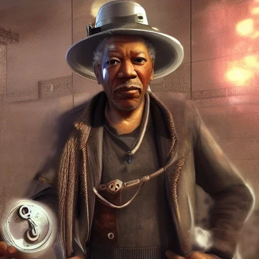 Morgan Freeman steam punk character very detailed cinematic unreal engine photo realistic