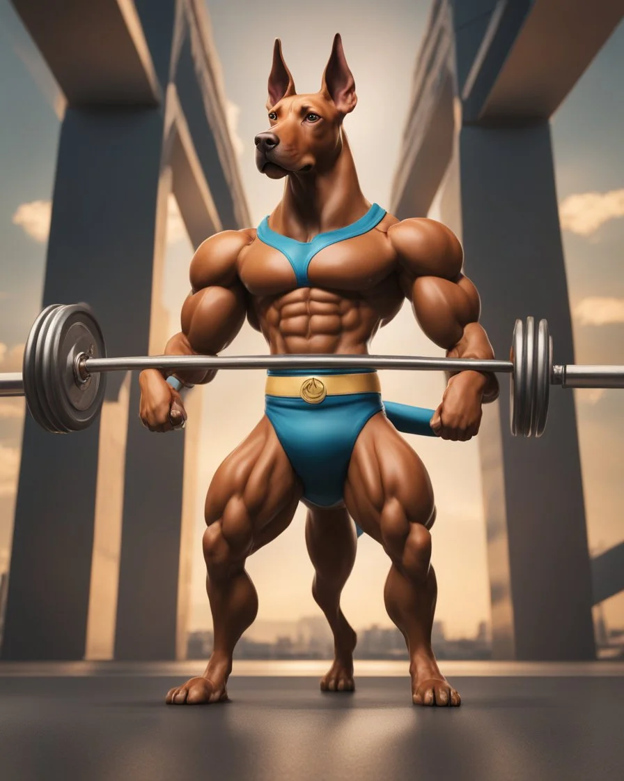 Muscular and powerful Doberman superhero, weightlifter type, with a serious and confident expression. He wears the suit inspired by Batman's. On the chest a (((stylized logo))) of a dog. Strike a heroic pose. Vibrant typography 3d rendering photo.