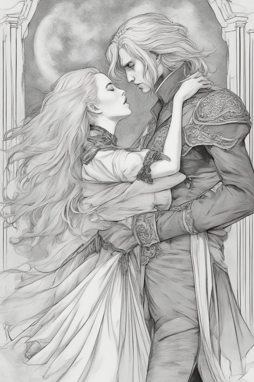 Strahd Von Zarovich being kissed by a beautiful woman with white hair. Settling and background are a lavish toomb with an ebony coffin.