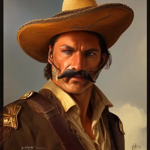 portrait,"Insanely detailed photograph of a male western mustachioed crossbowman", detailed charro and Sombrero, digital painting,eye patch, cigar, artstation, concept art, sharp focus, illustration, art by artgerm and greg rutkowski and alphonse mucha, 8 k,fantasy, unreal engine