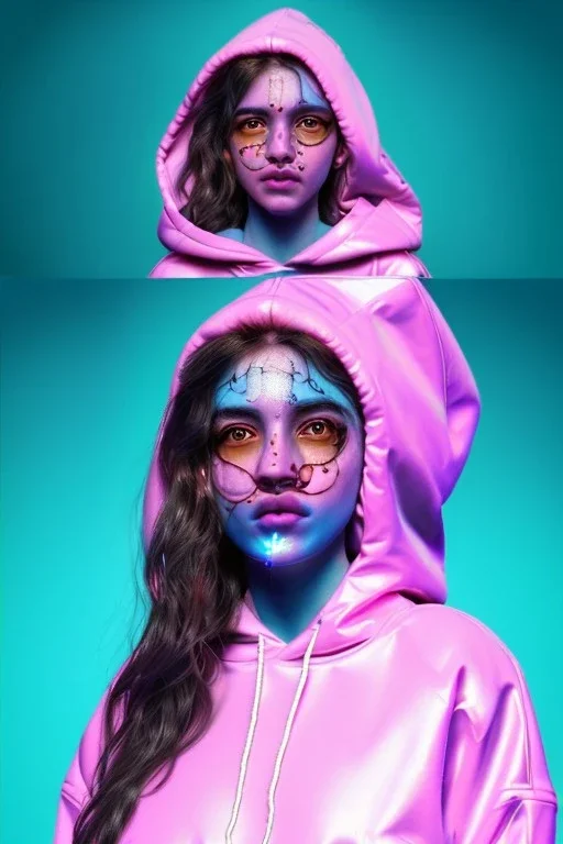 Ultra Realistic image, Rosalía artist, portrait, waist up portrait, long black eye line, sweet face, inflatable hoodie, gold pink and blue style, spray glow make up, led lights, neon, piercing nose, led ornament, fog, bubble latex coat, vibrant color, highly detailed, art stations, concept art, smooth, unreal engine 5, god rays, ray tracing, RTX, lumen lighting, ultra detail, volumetric lighting, 3d, finely drawn, high definition, high resolution.