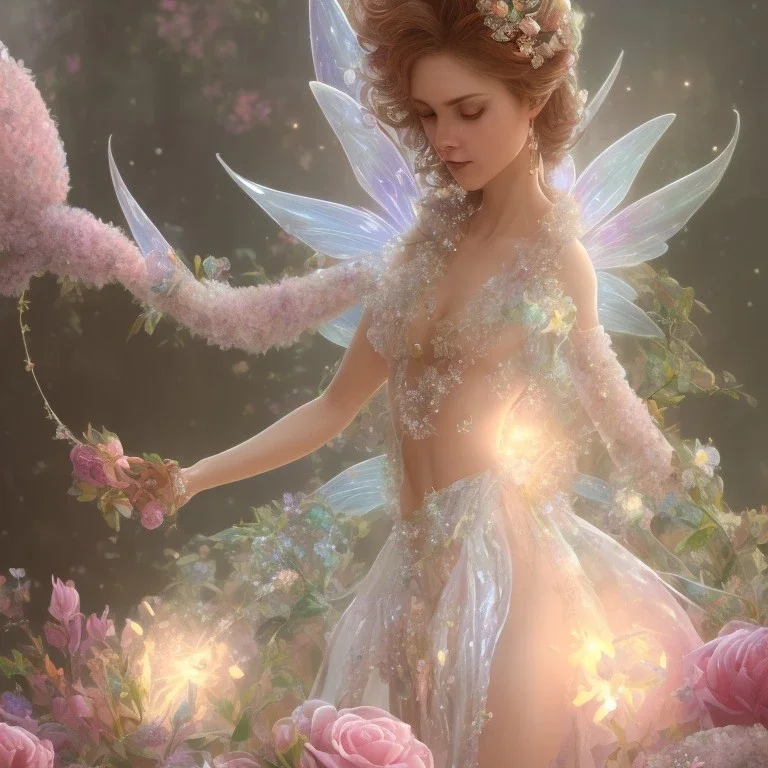 one big crystal subtle flower in a galactic ambiance with a beautiful fairy, transparent petals, delicate colors, in the foreground, full of details, smooth，soft light atmosphere, concept art, smooth, extremely sharp detail,