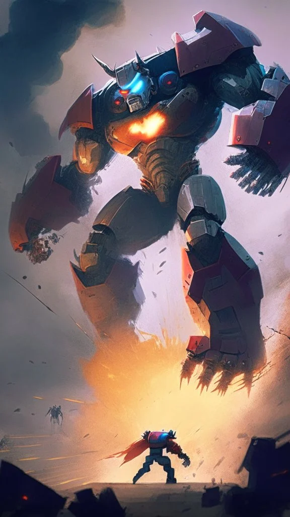 super hero fighting a giant evil robot