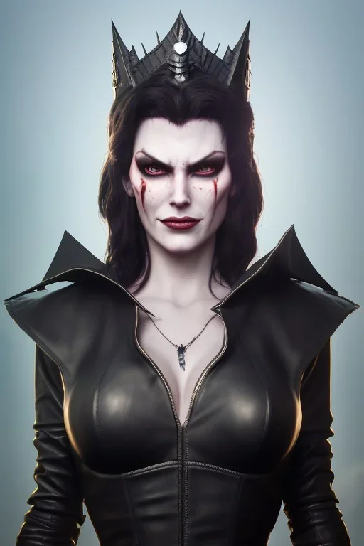 Amy Dumas as evil queen in black leather, leather, busty, cleavage, angry, rage, stern look. character design by cory loftis, fenghua zhong, ryohei hase, ismail inceoglu and ruan jia. unreal engine 5, artistic lighting, highly detailed, photorealistic, fantasy