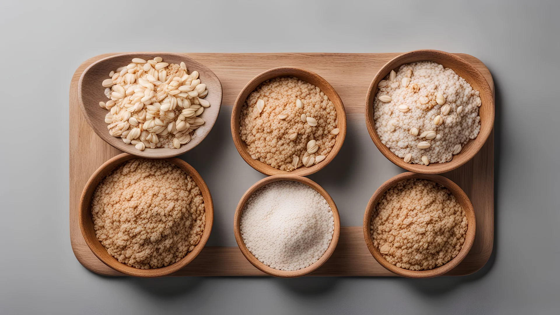 Above view of multiple Healthy Oatmeal bowl with scattering oats flakes on wooden serving tray on grey background.