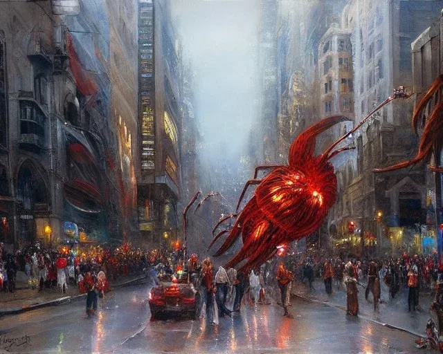 Brent Heighton, Giger, a large deep hole on the street, furry giant red spider climb out, crowded people run away, great composition, highly detailed, high quality