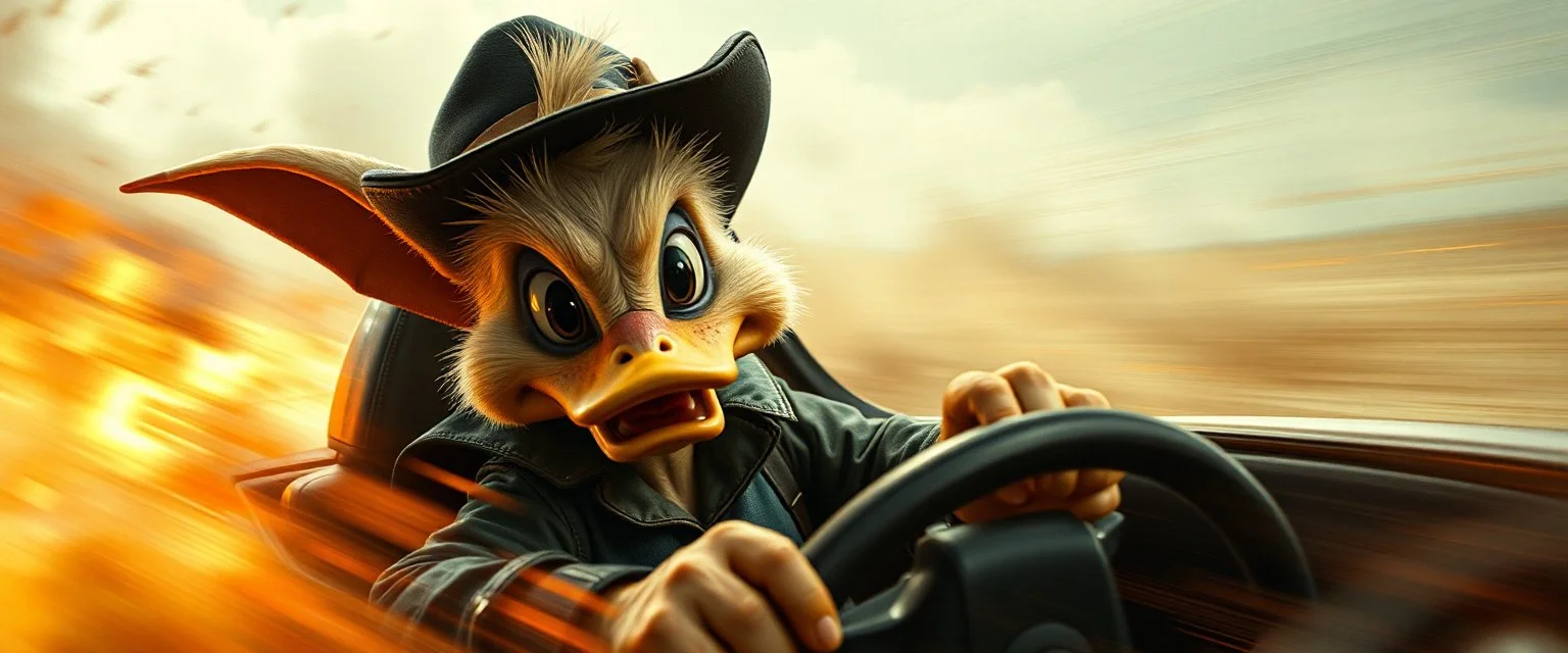 Donald gremlin mafia boss fikk noe av stoffet til å detonere ved ett uhell. Når Donalditt brukes som drivstoff, utløser det vanvittige krefter. In the style of Rembrandt and Fallout 4, Donald in a fast car. Background blur. Movie poster. Wild look.Mad mad and furiosa as ducks.