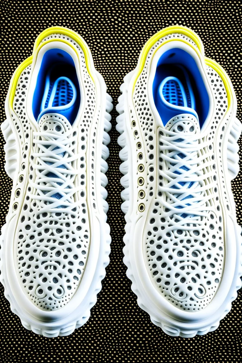 The bottom of the soles of two shoes. The tread pattern is white and made entirely from the shapes of ghosts. Use no more than 4 colours.