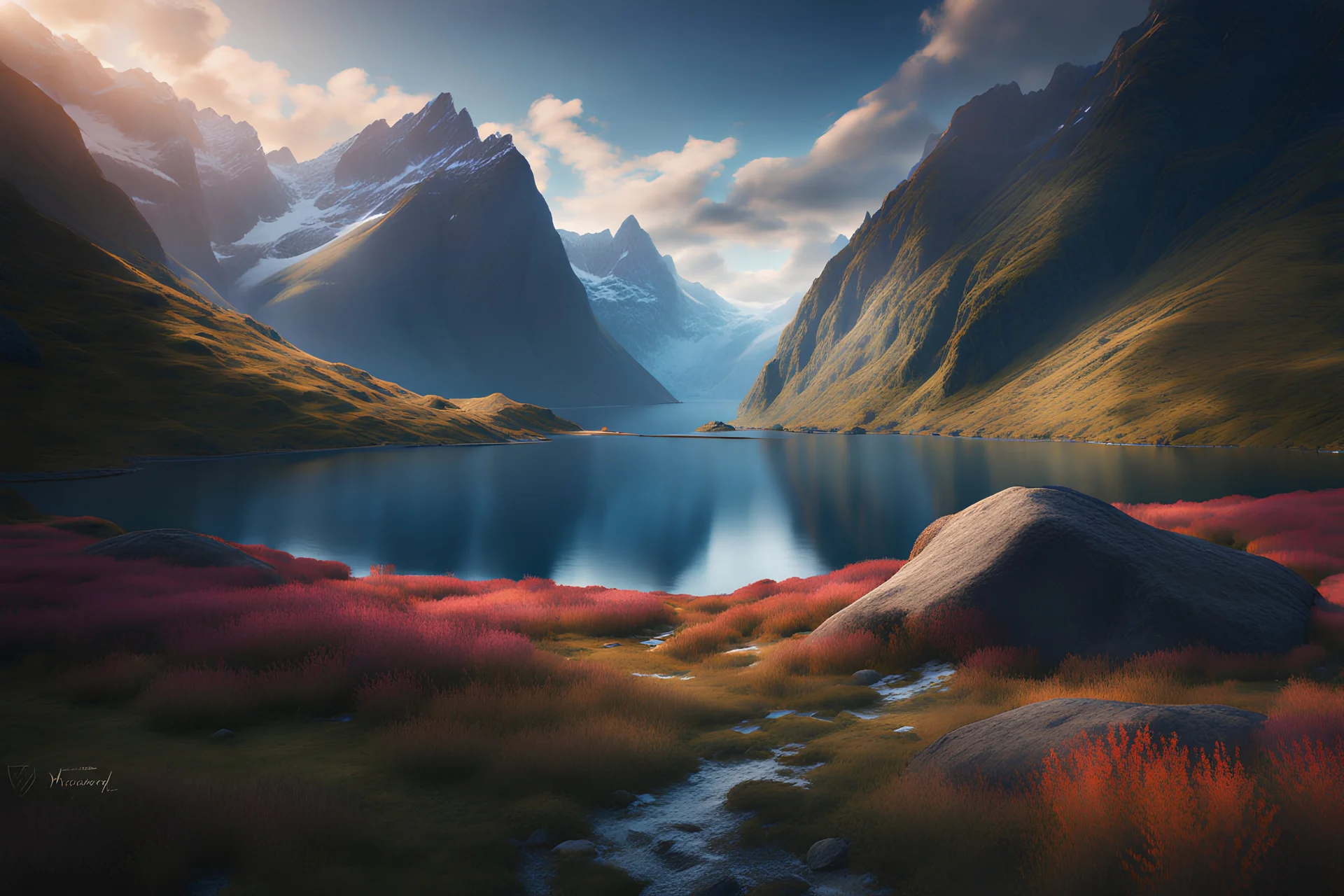 A fjord through immense mountains. a 60.000 foot high mountain in the distance. fantasy concept art, exquisite realism, a masterpiece, dynamic lighting, hyper detailed, intricately detailed, deep color, Unreal Engine, volumetric lighting , Epic cinematic brilliant stunning intricate meticulously detailed dramatic atmospheric maximal,