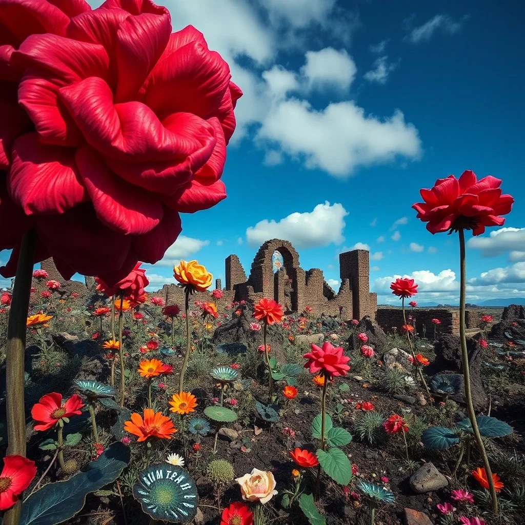 Photography of a landscape with massive odd incomprehensible flowers, ruins, surrealism, glossy, organic, mass growing, Joan Miró, strong texture, fiotti di liquido nero, panic, obsessive, hypnotic, rotten, blue sky, clouds, hasselblad h6d400c --ar 85:128 --v 6.0